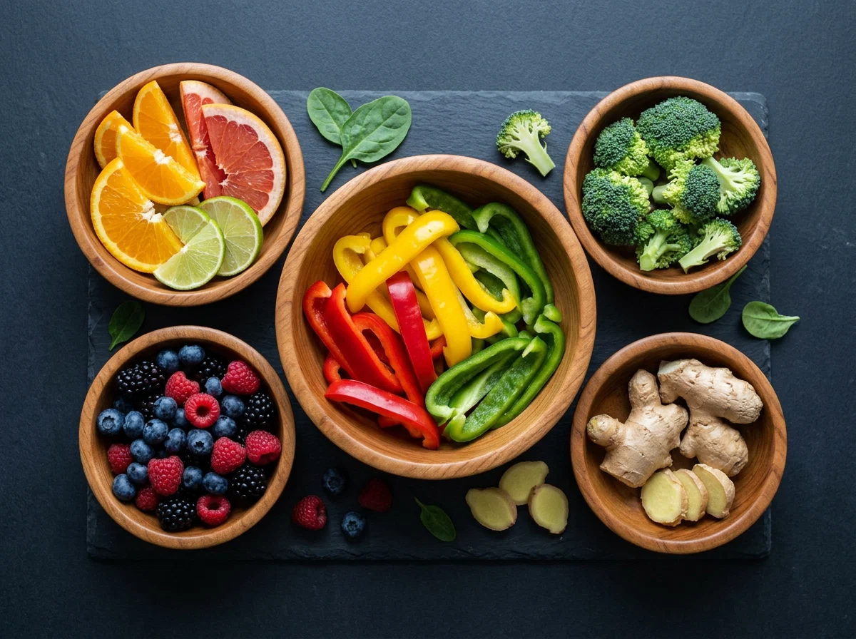 Kleurrijke verse groenten en fruit met botanische ingrediënten op donker oppervlak